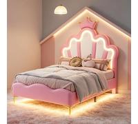 Julyue Cama infantil rosa con luces LED RGB, cabecero en forma de nube con corona, cama acolchada de 90 x 190 cm, piel sintética rosa, altura ajustable y armario bajo cama