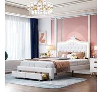 Julyue Cama infantil tapizada de 140 x 200 cm con luces LED y cajones, cabecero ajustable en altura y somier de listones, sin colchón