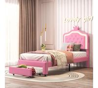 Julyue Cama infantil tapizada de 90 x 200 cm con luces LED y cajones, cabecero ajustable en altura y somier de listones, sin colchón
