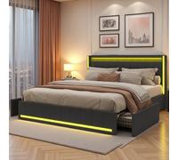 Julyue Cama tapizada con 4 cajones, cama de matrimonio de 180 x 200 cm con iluminación LED y puertos de carga USB, marco de cama con somier y cabecero, tela de lino gris, sin colchón