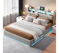 Julyue Canapé de 140 x 190 cm con LED RGB y puertos USB, cama suspendida, cama acolchada con fontanería y funda, cabecero con almacenamiento, terciopelo gris, sin colchón