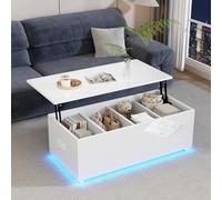 Julyue Moderna mesa de centro negra con iluminación LED y espacio de almacenamiento oculto, brillante, mesa de salón, altura ajustable con enchufe y USB, color blanco, 100 x 50 x 49,5 cm