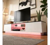 Julyue Mueble de TV con iluminación LED RGB, 2 puertas, 2 estantes y espacio de almacenamiento abierto, moderno mueble bajo para TV de 55 - 65 pulgadas, para salón y dormitorio (blanco brillante, 140