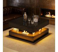 Julyue Square LED Coffee Table 78 x 78 cm, mesa baja con iluminación RGB y control por aplicación, mesa baja moderna con 2 cajones y bandeja alta brillante para salón (negro, 78 x 78 x 43 cm)