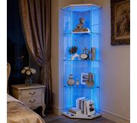 Julyue Vitrina pentagonal de cristal blanco con iluminación LED, 163x60x44cm, vitrina de cristal de seguridad independiente, vitrina moderna de cuatro niveles. (Blanco y LED-A, 60 x 44,5 x 163 cm)