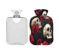 JUMBEAR Bolsa de agua caliente con diseño de calaveras y rosas rojas con funda suave, alivio del dolor, bolsa de agua caliente de 1 litro, para manos y pies, bolsas de agua caliente para dormir