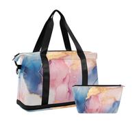 JUMBEAR Bolsa deportiva de lona con textura de mármol azul, morado, rosa y dorado con bolsillo húmedo, bolsa de viaje para hombres y mujeres, gran capacidad con correa para el hombro, para gimnasio,