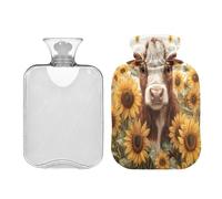 JUMBEAR Bolsas de agua caliente con diseño de girasoles y vacas de las tierras altas con cubierta suave, bolsa de agua caliente para aliviar el dolor, 2 L, para manos y pies, bolsas de agua caliente