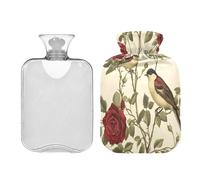 JUMBEAR Bolsas de agua caliente con diseño de rosas rojas y pájaros con cubierta suave, bolsa de agua caliente para aliviar el dolor, 2 L, para manos y pies, bolsas de agua caliente para dormir