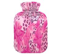 JUMBEAR Bolsas de agua caliente con textura de leopardo rosa con cubierta suave, bolsa de agua caliente para aliviar el dolor, 1 litro, para manos y pies, bolsas de agua caliente para dormir
