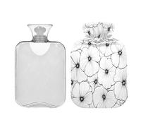 JUMBEAR Botellas de agua caliente con diseño de líneas artísticas con flores blancas, funda suave, alivio del dolor, bolsa de agua caliente de 2 L para manos y pies, bolsas de agua caliente para