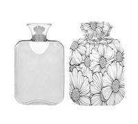 JUMBEAR Botellas de agua caliente con diseño de líneas artísticas con flores blancas, funda suave, alivio del dolor, bolsa de agua caliente de 2 L para manos y pies, bolsas de agua caliente para