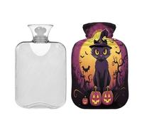JUMBEAR Botellas de agua caliente de gato de bruja de Halloween con cubierta de terciopelo, bolsa de agua caliente de 2 L para alivio del dolor cálido y terapia de calor frío, regalos cálidos en