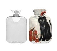 JUMBEAR Botellas de agua caliente de gato negro de Navidad con cubierta de terciopelo, bolsa de agua caliente de 1 litro para alivio del dolor cálido y terapia de calor frío, regalos cálidos en