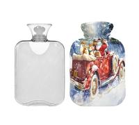 JUMBEAR Botellas de agua caliente retro rojas para coche y Papá Noel con cubierta suave, bolsa de agua caliente para aliviar el dolor, 2 L, para manos y pies, bolsas de agua caliente para dormir