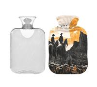 JUMBEAR Botellas de agua caliente vintage Western Cowboy con cubierta suave, bolsa de agua caliente para aliviar el dolor, 1 litro, para manos y pies, bolsas de agua caliente para dormir cómodamente