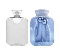 JUMBEAR Dos bonitas botellas de agua caliente con diseño de pingüinos de nieve con cubierta suave, bolsa de agua caliente para aliviar el dolor, 1 litro, para manos y pies, bolsas de agua caliente