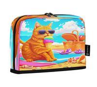JUMBEAR Estuche para lápices de sol con diseño de gato junto al mar, estuche de gran capacidad para bolígrafos, organizador de escritorio, bolsa de cosméticos con cremallera para escuela, oficina