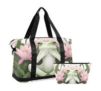 JUMBEAR Green Frog in Petals - Bolsa deportiva de lona con bolsillo húmedo, bolsa de viaje para hombres y mujeres, gran capacidad con correa para el hombro, para gimnasio, viajes, natación, a,