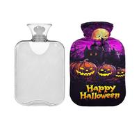 JUMBEAR Happy Halloween Night - Botellas de agua caliente con cubierta suave, bolsa de agua caliente para aliviar el dolor, 1 litro, para manos y pies, bolsas de agua caliente para dormir cómodamente