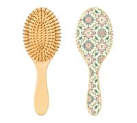 JUMBEAR Hermoso cepillo de pelo con estampado retro, masajeador del cuero cabelludo, cepillo de madera de bambú para todos los peinados, reduce los enredos y la rotura del cabello, promueve el