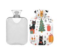 JUMBEAR Lindas botellas de agua caliente de gato de Navidad con cubierta suave, bolsa de agua caliente para aliviar el dolor, 1 litro, para manos y pies, bolsas de agua caliente para dormir