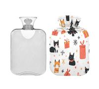 JUMBEAR Lindas botellas de agua caliente de gato de Navidad con cubierta suave, bolsa de agua caliente para aliviar el dolor, 1 litro, para manos y pies, bolsas de agua caliente para dormir