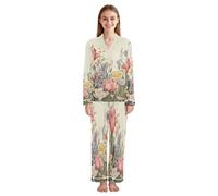 JUMBEAR Spring Wildflowers - Conjunto de pijama de manga larga con botones y pantalones de longitud completa, ropa de dormir suave para dormir, a, L