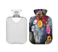 JUMBEAR Stones and Flowers - Botellas de agua caliente con funda suave, alivio del dolor, bolsa de agua caliente de 1 litro, para manos y pies, bolsas de agua caliente para dormir cómodamente