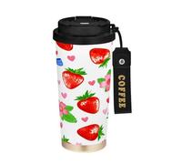 JUMBEAR Taza de viaje aislada al vacío con diseño de fresas de acuarela, tazas de viaje reutilizables para café, taza de café de acero inoxidable de doble pared a prueba de fugas con tapa para bebidas