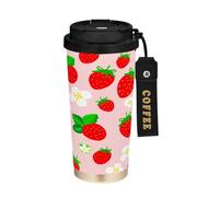 JUMBEAR Taza de viaje aislada al vacío con diseño de fresas de acuarela, tazas de viaje reutilizables para café, taza de café de acero inoxidable de doble pared a prueba de fugas con tapa para bebidas