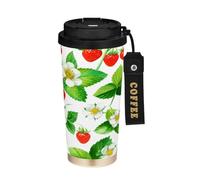 JUMBEAR Taza de viaje aislada al vacío con diseño de fresas de acuarela, tazas de viaje reutilizables para café, taza de café de acero inoxidable de doble pared a prueba de fugas con tapa para bebidas