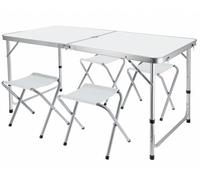 JUMI Mesa de camping plegable, mesa auxiliar con juego de 4 sillas, mesa plegable para camping, multifunción, juego de muebles de balcón, juego de muebles de jardín, altura regulable (blanco)