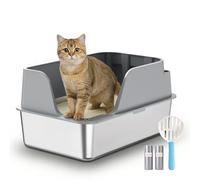 JUMMICO Arenero Acero Inoxidable Gatos, con Entrada Antigoteo, Robusto y Resistente a los Arañazos, Fondo Antiadherente Fácil de Limpiar,60L Caja de Arena para Gatos Grande con Pala y Bolsas de Basura