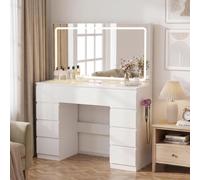 JUMMICO Grande Tocador de Maquillaje con Espejo y Luces LED, Brillo Ajustable, Tapa de Vidrio y Enchufes, Tocador con 9 Cajones, Mesa de Maquillaje Moderno para Dormitorio (Blanco)