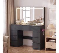 JUMMICO Negro Grande Tocador de Maquillaje con Espejo y Luces LED | Brillo Ajustable, Tapa de Vidrio y Enchufes, Tocador con 9 Cajones, Mesa de Maquillaje Moderno para Dormitorio