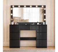 JUMMICO Tocador con Espejo LED, Mesa de Maquillaje de 120 cm | Tocador Moderno para Dormitorio con 7 Cajones, Compartimento Oculto para Joyas e Iluminación Ajustable (Negro, Alto brillo)