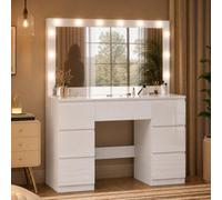 JUMMICO Tocador con Espejo LED, Mesa de Maquillaje de 120 cm | Tocador Moderno para Dormitorio con 7 Cajones, Compartimento Oculto para Joyas e Iluminación Ajustable (Blanca,Alto brillo)