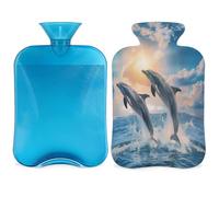 Jumping Dolphins - Bolsa de agua caliente con funda, diseño de delfines oceánicos, bolsa de agua caliente de 2 litros para aliviar el dolor, cuello suave y hombro, calentador de pies, compresa