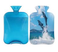 Jumping Dolphins - Botella de agua caliente con funda esponjosa, bolsa de agua caliente de gran capacidad de 2 litros, bolsa de agua para botellas de delfines para noches acogedoras, alivio del dolor, espalda, cuello y hombros