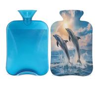 Jumping Dolphins - Botella de agua caliente con tapa, diseño de delfines oceánicos con funda, bolsa de agua caliente de 2 litros para aliviar el dolor, cuello y hombros, calentador de manos y pies