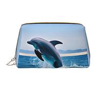 Jumping Up Dolphins - Bolsa de maquillaje portátil de piel sintética, cierre de cremallera, bolsa de viaje, bolsa de almacenamiento de viaje, Blanco, Talla única