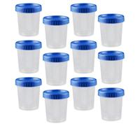 JUMPLAWN 25 Tazas Medidoras de 120 Ml Tapa Azul, Vasos Graduados Transparentes para Muestreo de Laboratorio, Recipientes para Muestra Líquida y Colección Segura de Fluidos