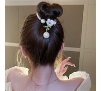 Jumwrit Hebilla para cola de caballo con diamantes de imitación y perlas, clip para el pelo, diseño de flores, ramas y hojas, pasador de pelo de metal dorado, clip de garra de moño floral, accesorios