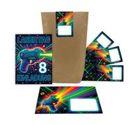 JuNa-Experten 12 tarjetas de invitación para 8º cumpleaños infantil, día láser, invitación para octavo cumpleaños, cumpleaños de niños, incluye 12 sobres, 12 bolsas de regalo, 12 pegatinas