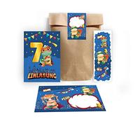 Junapack 12 tarjetas de invitación para el 7º cumpleaños de los niños con dinosaurios y dinosaurios, incluye 12 sobres, 12 bolsas, 12 pegatinas, 12 marcapáginas