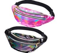 JunD Riñonera Holográfica Mujer Moda Impermeable, Bolsa de Cinturón Cuero PU Deportiva Ajustable para Viaje, Correr y Ciclismo (Rosa+Negro)