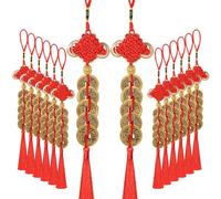 JUNEBRUSHS 16 dijes de Monedas de la Suerte de Año Nuevo Chino, Nudo Chino, Borla Feng Shui, decoración Colgante para Año Nuevo, Salud, Riqueza, éxito, decoración de la Suerte