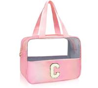 Junesters Initial Clear Makeup Bag Personalized Pink Clear Cosmetic Bag, Cute Large Make Up Bags Organizer Bag, Travel Toiletry Bag for Women Girl Gifts C (Pink)
