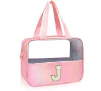 Junesters Initial Clear Makeup Bag Personalized Pink Clear Cosmetic Bag, Cute Large Make Up Bags Organizer Bag, Travel Toiletry Bag for Women Girl Gifts J (Pink)